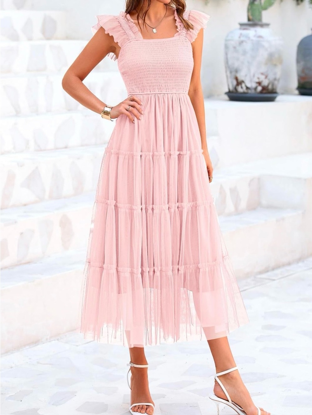 #88 Pretty Garden Tulle Midi Dress Sleeveless Smocked Ruffle Flowy Mesh Dresses